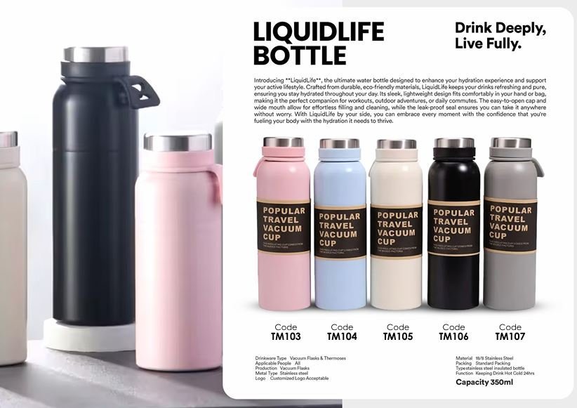 LiquidLife Stainless Steel Insulated Bottle – 350ml – Keeps Drinks Hot or Cold for 24 Hours
