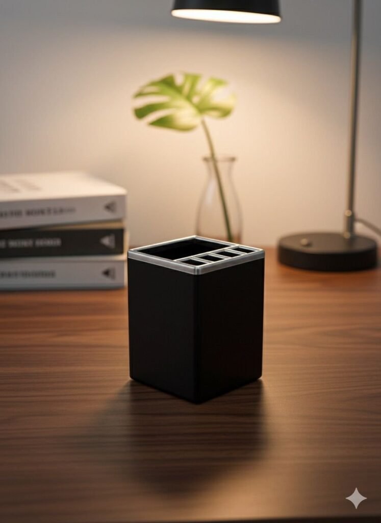 Elegant Multi-Compartment Desk Organizer – Black & Silver Pen Holder